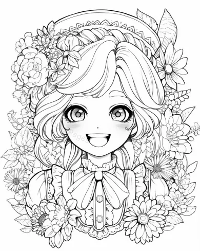 Joyful Girl Among Flowers Coloring Page