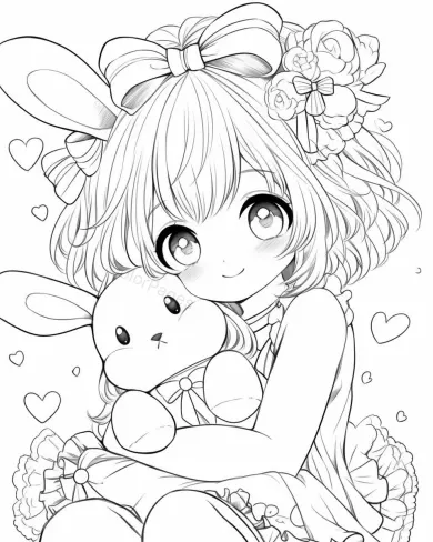 Cute Girl with Bunny Coloring Page