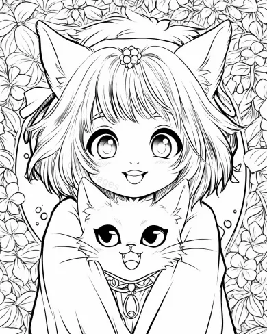 Adorable Cat and Girl Coloring Page