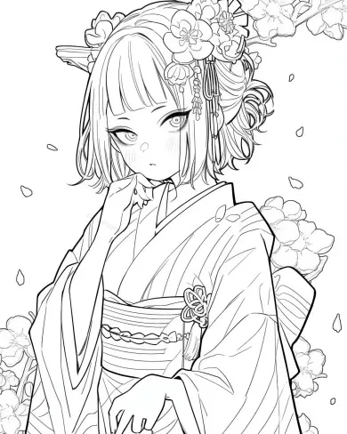 Enchanting Kimono Girl Coloring Page