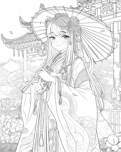 Elegant Lady with a Parasol Coloring Page