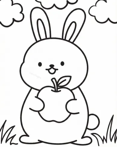 Cute Bunny Holding an Apple Coloring Page