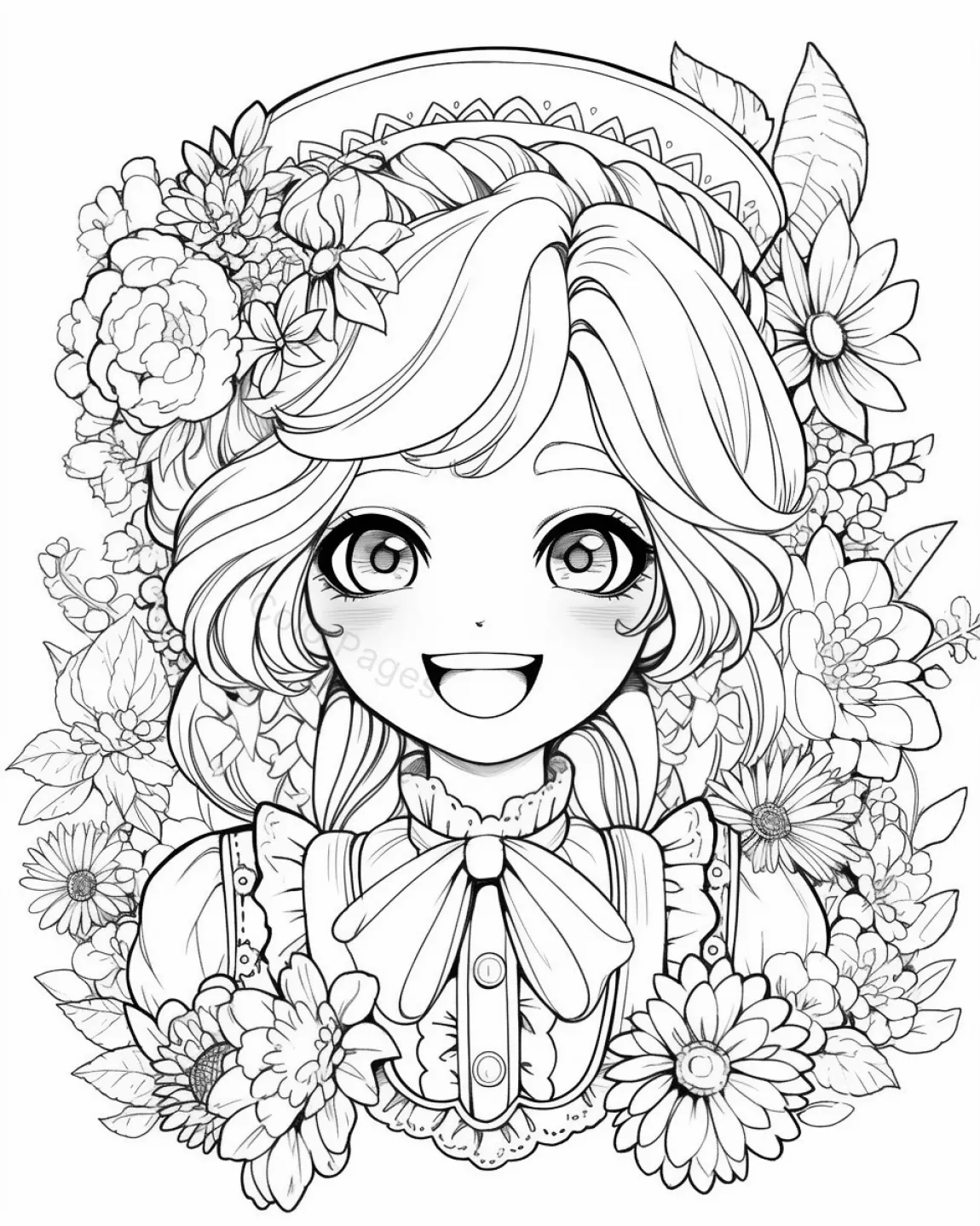 Joyful Girl Among Flowers Coloring Page