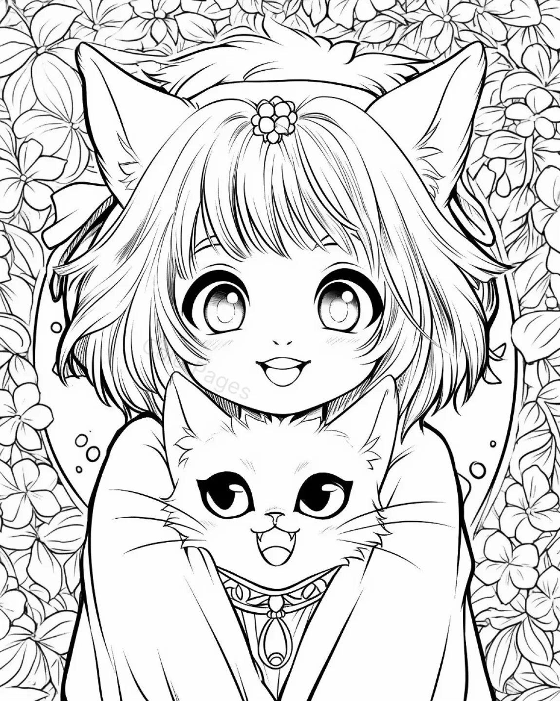 Adorable Cat and Girl Coloring Page