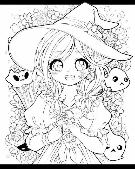 Charming Witch with Flowers Coloring Page preview