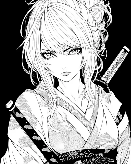 Elegant Samurai Girl Coloring Page preview