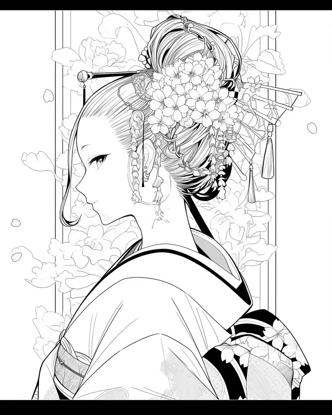 Elegant Geisha Coloring Page