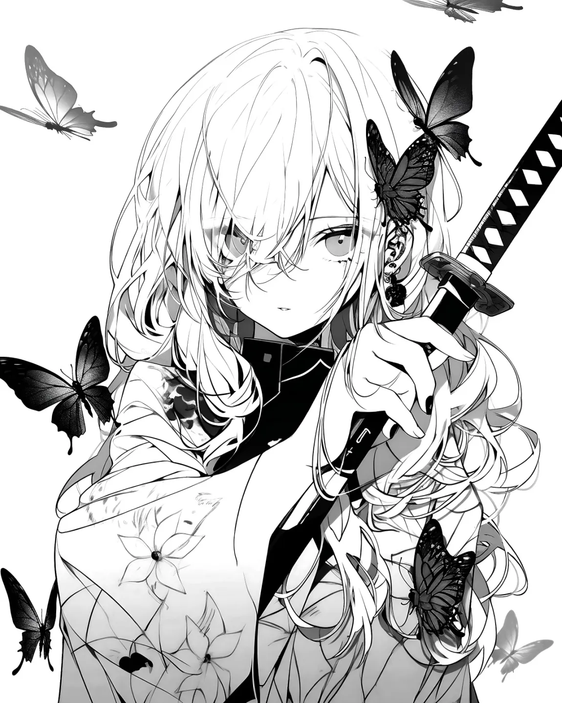 Elegant Warrior with Butterflies Coloring Page