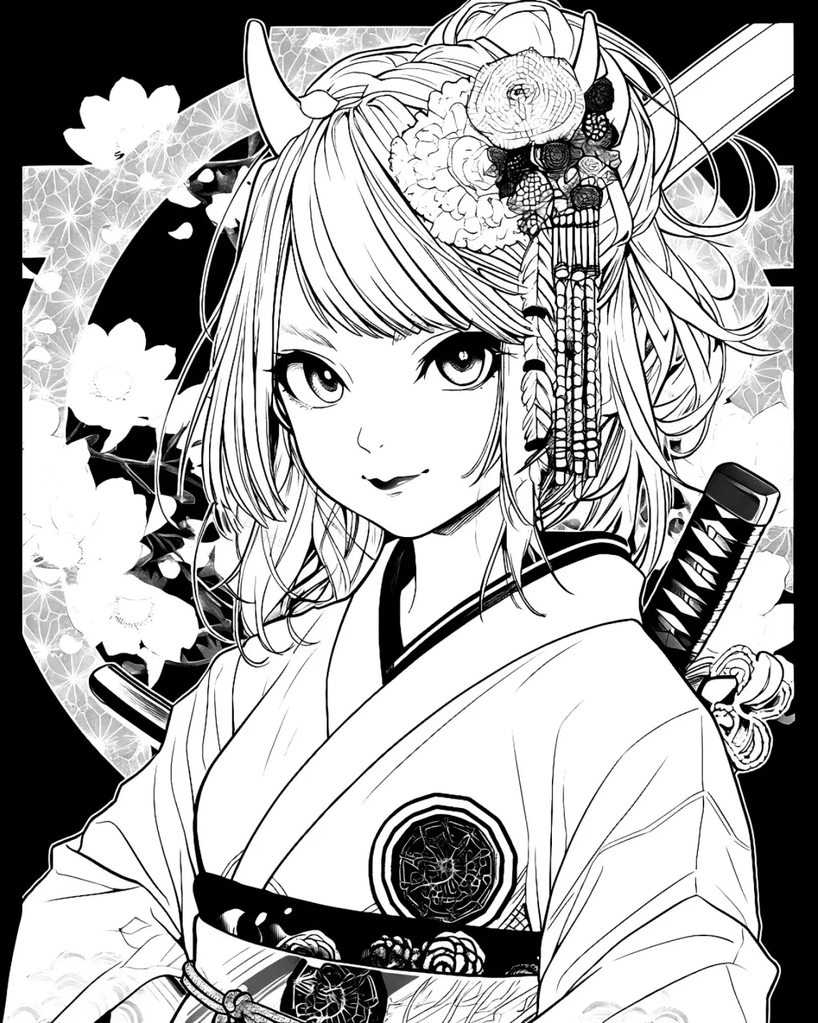 Elegant Japanese Warrior Coloring Page