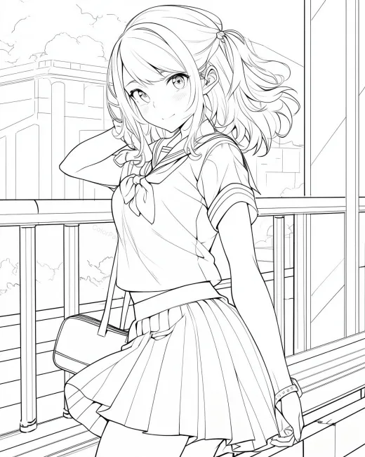 Charming Schoolgirl Coloring Page preview