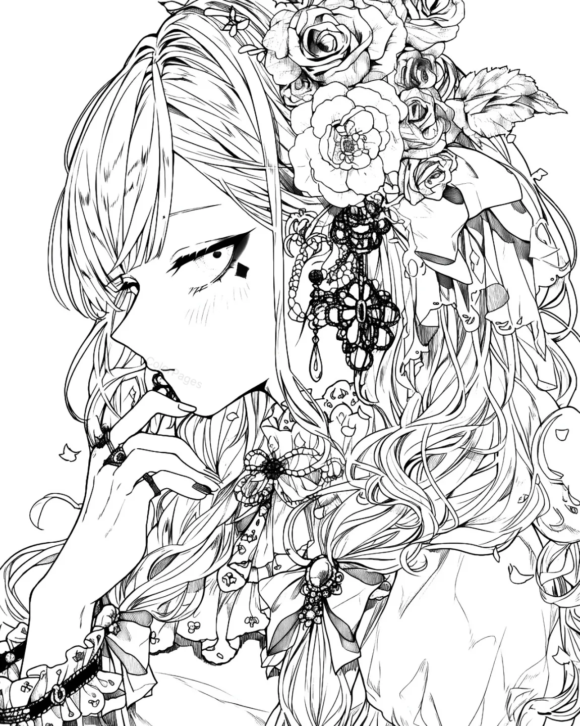 Elegant Floral Portrait Coloring Page