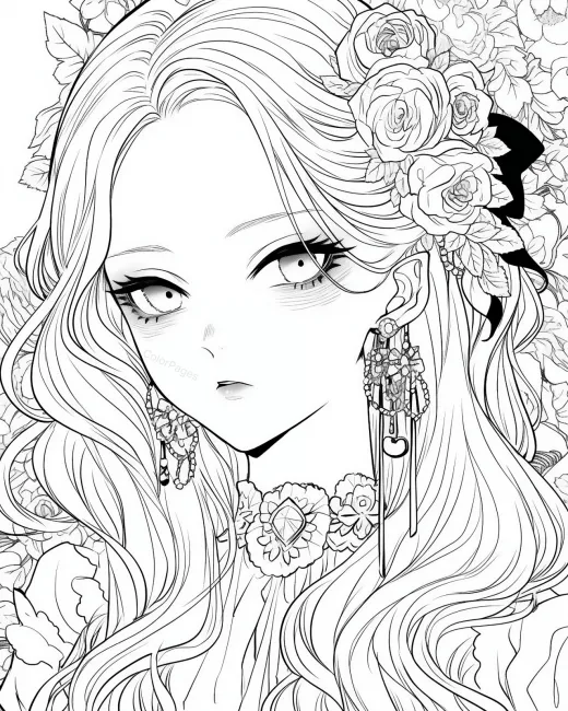 Elegant Floral Portrait Coloring Page preview