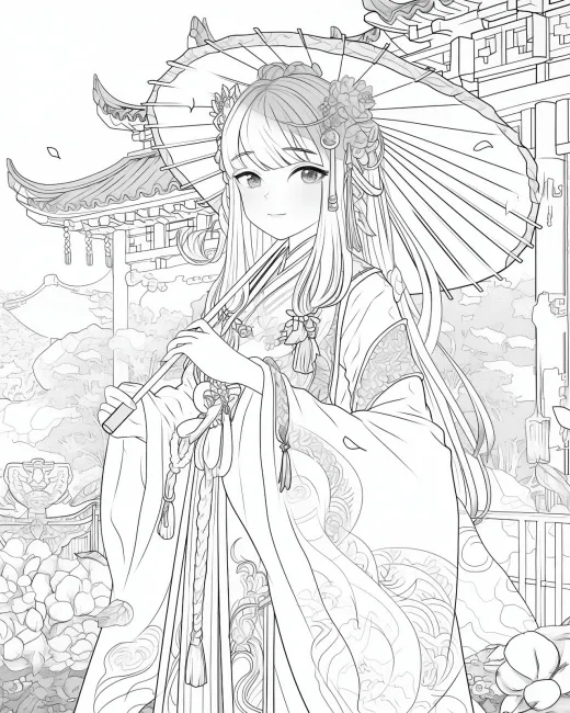 Elegant Lady with a Parasol Coloring Page preview