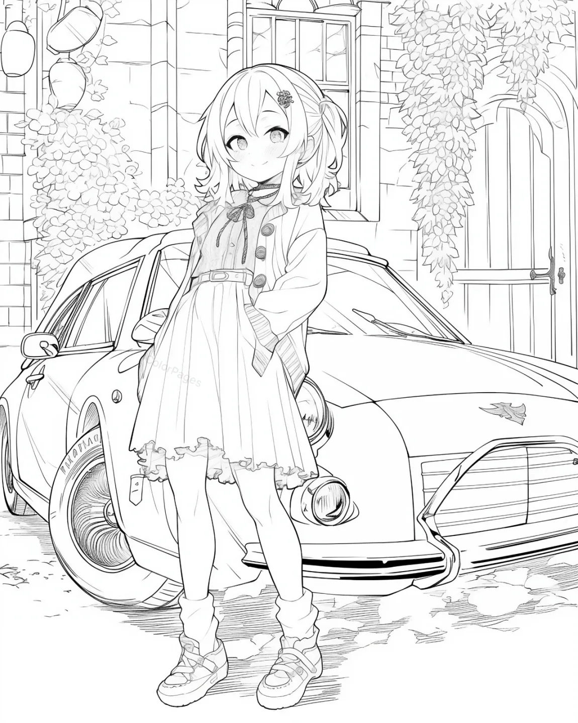 Charming Girl and Classic Car Coloring Page