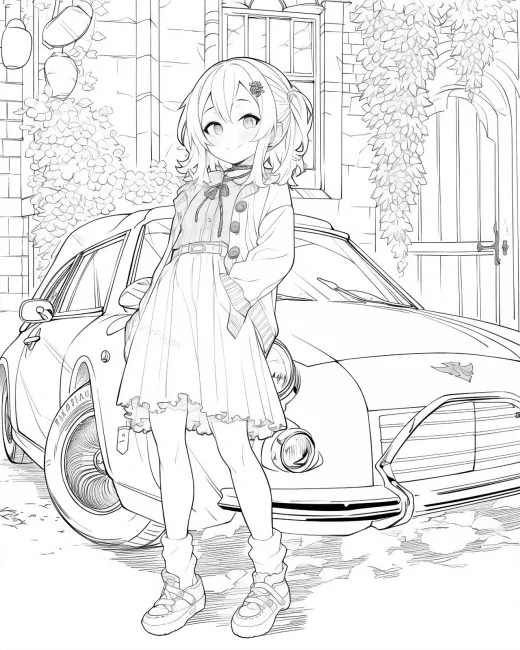 Charming Girl and Classic Car Coloring Page preview