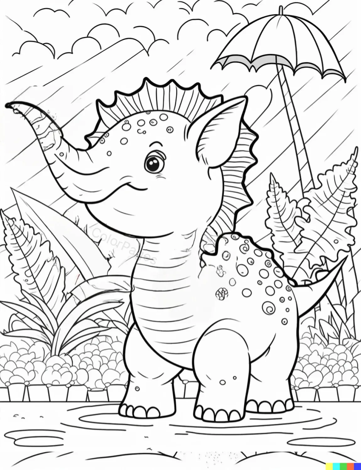 Cheerful Dinosaur in Rainy Landscape Coloring Page