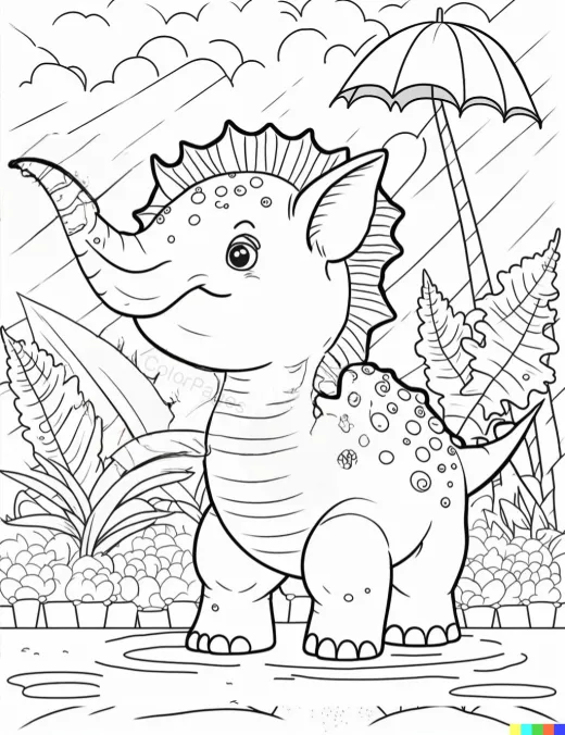 Cheerful Dinosaur in Rainy Landscape Coloring Page preview