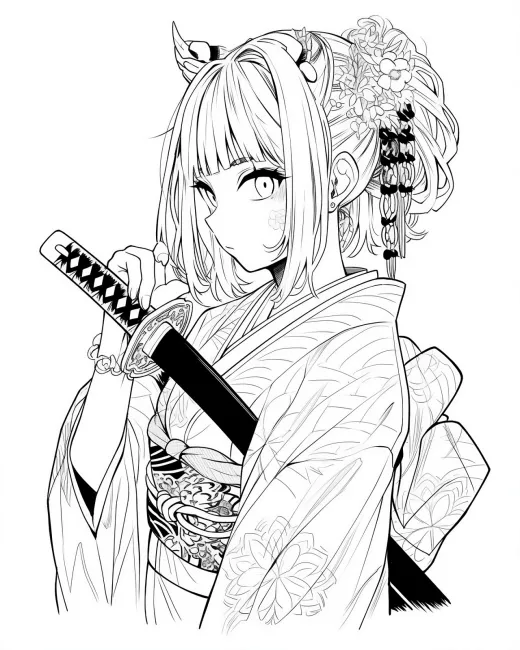 Intricate Samurai Girl Coloring Page preview