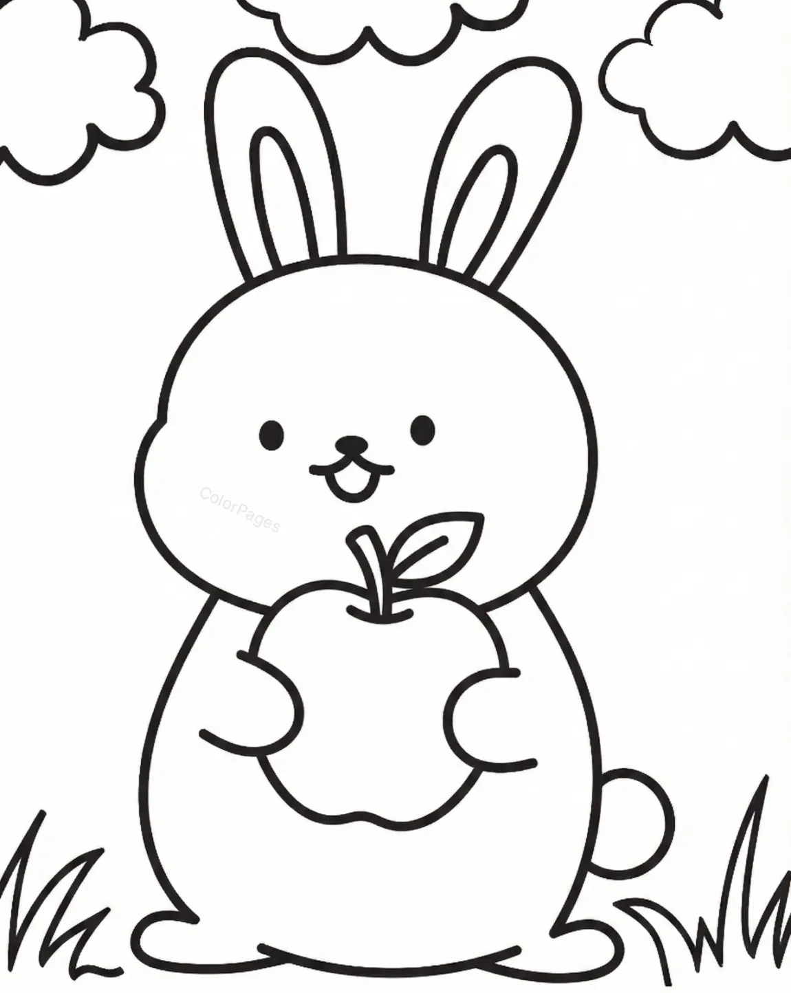 Cute Bunny Holding an Apple Coloring Page